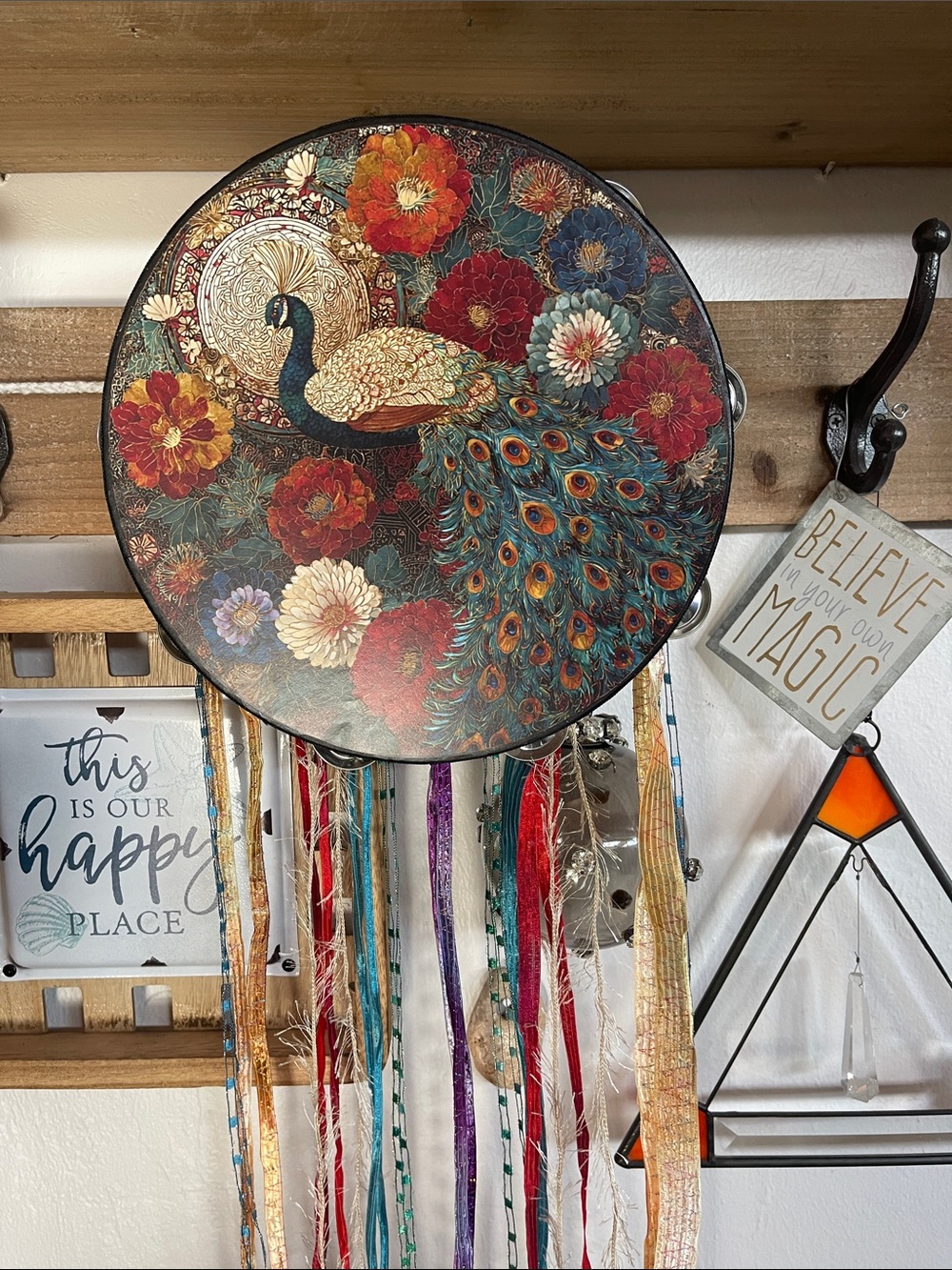 Boho Peacock Wall Hanging with Teal and Red Accents 10”